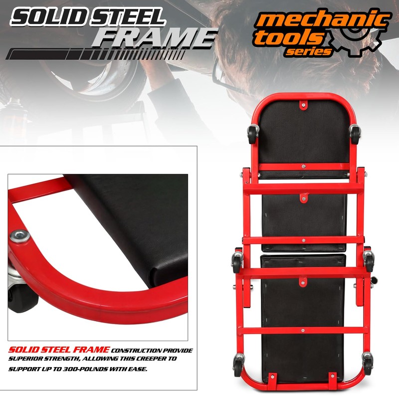 M-AUTO 40-Inch Folding Creeper Rolling Seat, All-in-One Adjustable Roller Garage