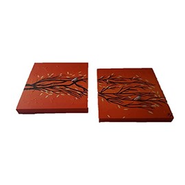 Cuadro Decorativo Moderno Pintura en lienzo canva Árbol con pajaro en rama naranja 2 piezas (diptico) Pintado a Mano obras de arte de animales de la n
