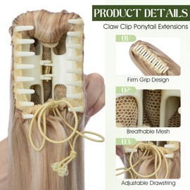 Charites Ponytail Extension, 16 Inch Claw Clip Ponytail Extension Human Hair Long Straight Jaw Clip in Real Hair Pony Tails Hairpieces for Women Ash Blonde & Bleach Blonde