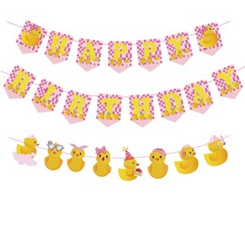 25Pcs Pink Duck Birthday Party Decorations Yellow Duck Happy Birthday Banner for Girls Birthday Party Baby Shower Gender Reveal Party Supplies Duck Themed Party Supplies