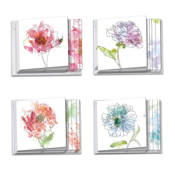 Basic Blooms - 12 Blank Watercolor Flower Note Cards with Envelopes (4 x 5.12 Inch) - Assorted All Occasion Floral Greetings - Colorful Boxed Notecard Set (3 Each, 4 Designs) MQ4627OCB-B3x4