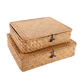 APACALI Set of 2 Seagrass Baskets with Lid, Rectangular Rattan Basket with Lid, Natural Seagrass Braided Basket, Wicker Baskets for Shelves, Organisation of Natural Seagrass, Set of 2