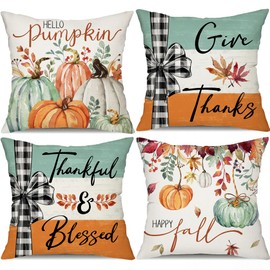 DFXSZ Fall Pillow Covers 18x18 inch Set of 4 Fall Decorational Pumpkin Maple Leaves Orange Stripe Decor Autumn Outdoor Pillow Cover Thanksgiving Decoration for Home Couch 205C18