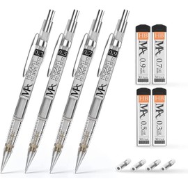 MozArt Mechanical Pencil Set with Case - 4 Sizes: 0.3, 0.5, 0.7 & 0.9mm with 30 HB Lead Refills Each & 4 Eraser Refills -Sketch, Drafting, Art, Drawing Supplies (Clear)