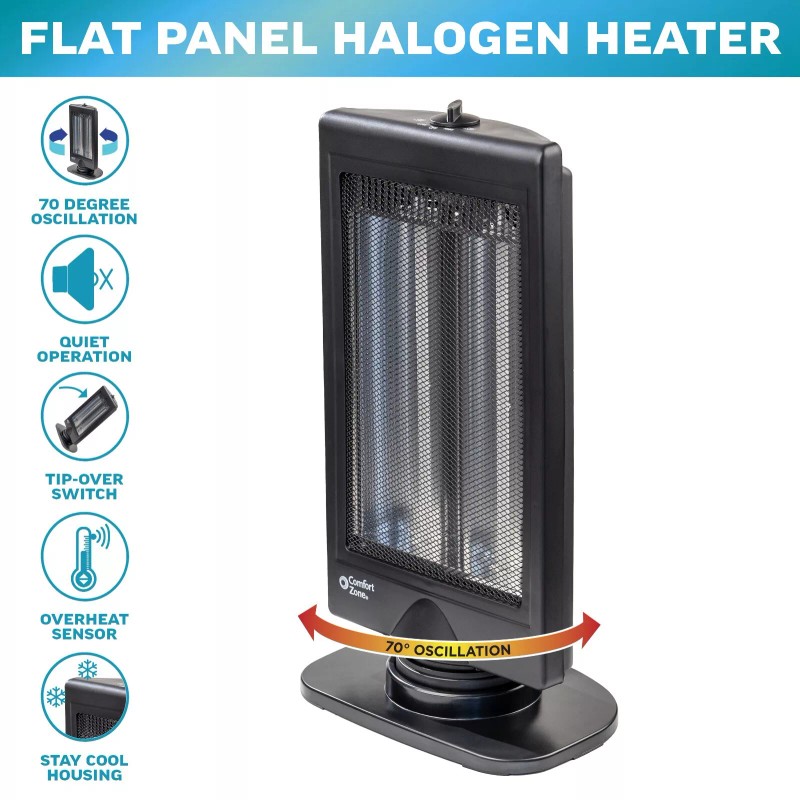 Comfort Zone Oscillating Flat Panel Halogen Infrared Portable Space Heater