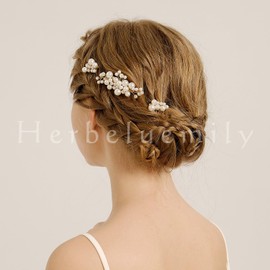 Herbeluemily Hair Ornament, Headdress, Hair Accessories, Hair Pin, Pearl, 5-piece Set, Wedding, Pearl x Silver
