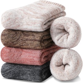 EBMORE Merino Wool Thermal Warm Socks for Women Men Thick Winter Hiking Cozy Crew Comfy Gifts Socks 4 Pairs Stocking Stuffers(Beige/Grey/Dark Grey/Black, M)