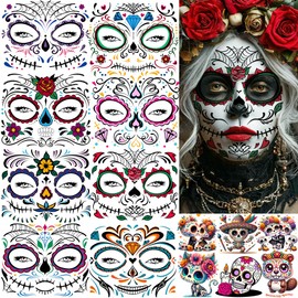14 Sheets Day Of The Dead Face Tattoos For Halloween Temporary Tattoos Sugar Skull Catrina Makeup Kit Tattoo Sticker, Realistic Stitch Mouth Fake Tattoos Halloween Zombie Costume Dia De Los Muertos