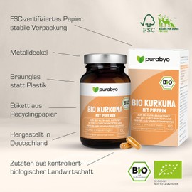 Organic Turmeric Capsules | In Glass | 300 mg Curcuminoids | Pure Natural in Organic Quality | Vegan