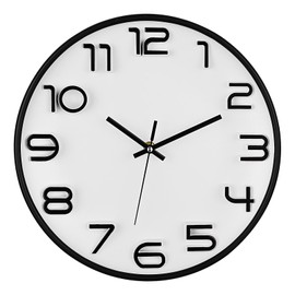 WOOPHEN Wall Clock, 12 Inch Silent Non Ticking Battery Operated Quality Quartz Wall Clocks Modern Decorative for Bedroom Office Home, 3D Numbers Easy to Read, White