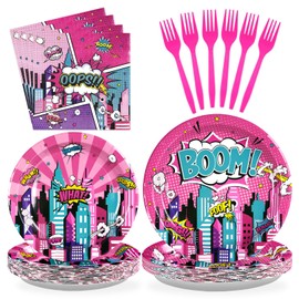 96Pcs Super Theme Hero Party Supplies Hot Pink Comic Hero Plates and Napkins Hero's Action Sign Cityscape Tableware Sets for Girls Kids Baby Shower Hero Spider themed Party Decorations Favors Serve 24