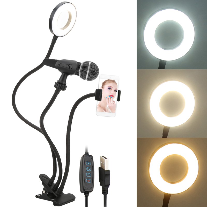 USB LED Ring Fill Light Lamp with Phone Holder Microphone