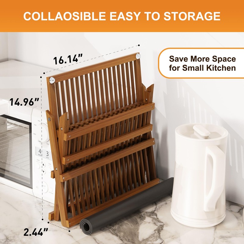 Greenual Teak Dish Drying Rack with Utensil Holder, 3 Tier