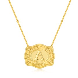 Belt Buckle Necklace With Initial For Women, 18k Gold Plated Mini Embossed Letter Pendant Western Charm Gift Jewelry (Belt Buckle A, Gold)