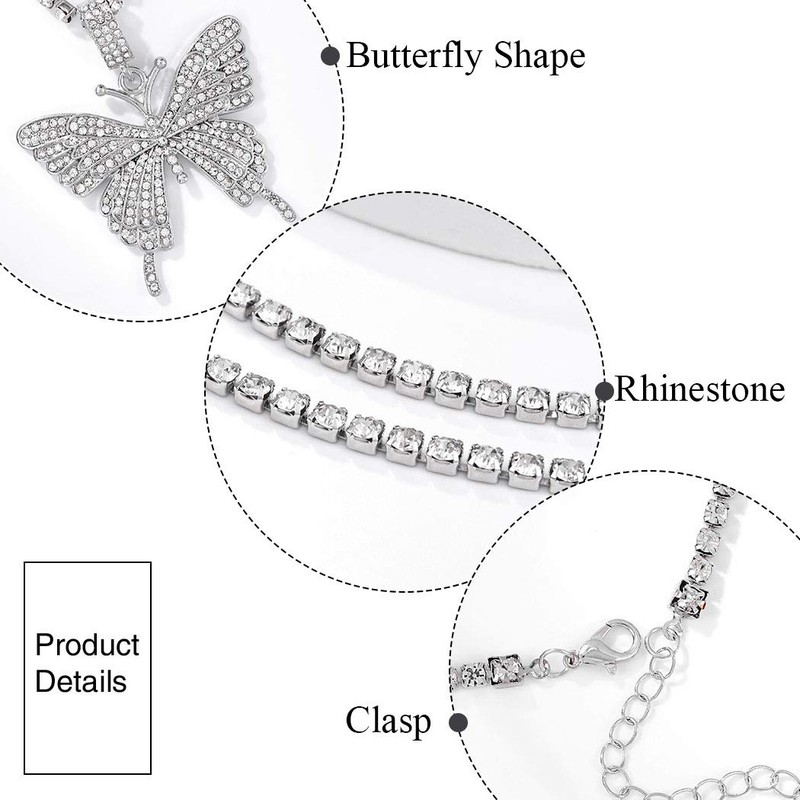 EARENT Butterfly Necklace Silver Rhinestone Choker Necklaces Christmas Costume New