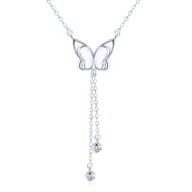 Mother of Pearl Butterfly Necklace Women's 925 Silver with Tassels Zircon Pendant: Y Chain Animal Long Necklaces for Mum Wife Girlfriend Sister Fashion Jewellery Women Gift for Birthday Anniversary
