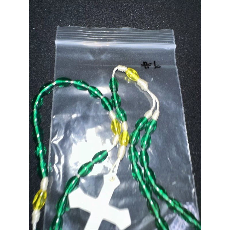 Vintage Catholic Green / Yellow & White Cross Rosary 16"