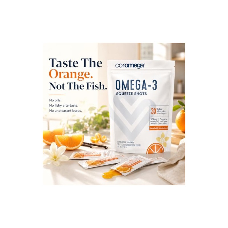 Coromega Omega-3 Supplement, Orange Flavor, Squeeze Packets, 30-Count Box