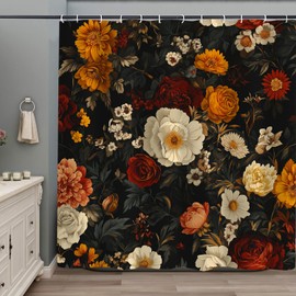 PAOPOED - Cortina de ducha floral, estilo bohemio, clásico, con flores oscuras, flores de rosa, tela de poliéster, impermeable, juego de baño con 12 ganchos, 60 x 72 pulgadas, color negro