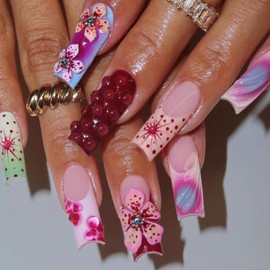 24Pcs Flower Press on Nails Long Square French Tip Fake Nails with Star Rhinestones 3D Ripple Design Colour False Nails Full Cover Artificial Glue on Nails Spring Handmade Stick on Nails for Women DIY