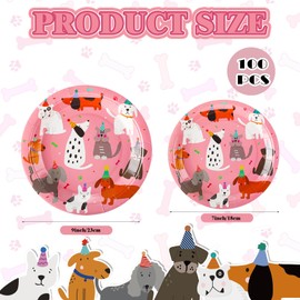 Yiyiring 100 Pcs Dog Theme Birthday Party Plate Pink Dog Tableware Includes 9" 7" cute Cartoon Dinner Disposable Plates for Animal Pet Birthday Party Table Decor Supplies