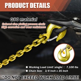 KITUYOTO G80 Trailer Safety Chain 35 Inch | Tow Chain with 3/8'' Clevis Snap Hook | 2-Pack Heavy Duty Chain Break Strength 25,000 lbs for Towing | Trailer Safety Chains | Safety Chains Towing Trailer