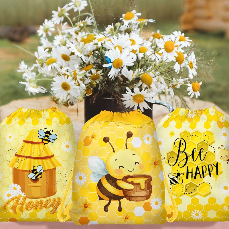 12 Pcs Bee Drawstring Bag Set, Honey-Print Non-Woven Backpacks &