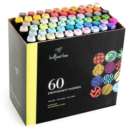 Brilliant Bee – Permanent Marker Set, 60 Vibrant Colors, Dual-Tip, Long-Lasting, Non-Toxic Smear-Proof Ink - Ideal for Kids & Adults Coloring, Doodling on Plastic, Glass, Wood and Stone