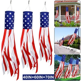3 Pack 70+60+40 Inch Large American Flag Windsock Patriotic 4th of July Decorations Stars Stripes US Wind Sock Outdoor Hanging Garden Yard Red White Blue Memorial Day, National Independence Day Decor