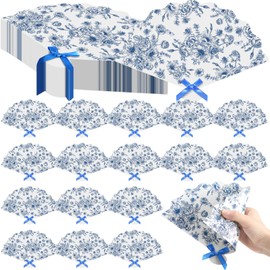 Vercraft 60 Pcs Blue Flower Plastic Hand Fans with Bow Bulk Wedding Favor Fans for Guests Gifts Plastic Chinoiserie Handheld Decorations for Mediterranean Bridal Shower Bridesmaid Party