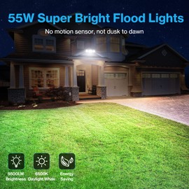 Olafus 55W Exterior Flood Lights Fixture Outdoor, 2 Pack LED Security Lights 5500LM, 6500K, 3 Adjustable Heads, IP65 Waterproof Black for Yard, Garage, Wall/Eave Mount