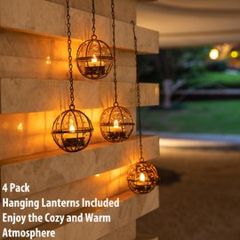 Outdoor Solar Hanging Lanterns Waterproof, Globe Hanging Candle Holder with Flickering Solar Powered Tea Lights, Chargeable Chandelier Light for Backyard Patio Garden Fence Tree Decoration-4Pack