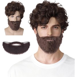 Peluca de Halloween con tupé marrón rizado y peludo para hombre, disfraz de hippie con barba