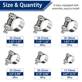 Tnisesm 30Pcs T-bolt Hose Clamps, 6 Size 17-35mm Heavy Duty Radiator Hose Clamp Assortment Kit, 304 Stainless Steel Pipe Tube Clamps with M8 and M10 Socket Wrenches