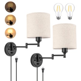 GOODATE ENCOMLI Dimmable Plug in Wall Sconces, Swing Arm Wall Lamp, Wall Sconces Set of Two, Plug in Wall Light, Sconces Wall Decor Set of 2, Linen Fabric Shade, 2pcs Bulbs Included