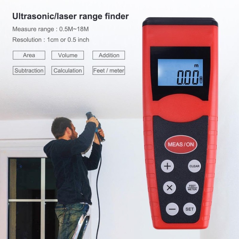 Distance Meter, 0.5-18M Digital Laser Ultrasonic Rangefinder, Portable Digital Measure