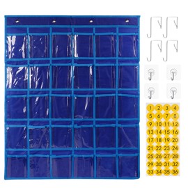 SAVORLIVING 30 Clear Pockets Classroom Pocket Chart Organiser, Pocket Chart for Phone Calculator Holder, Hanging Wall Door Calculator Phone Caddy with Hook and Number Sticker (Sapphire Blue)