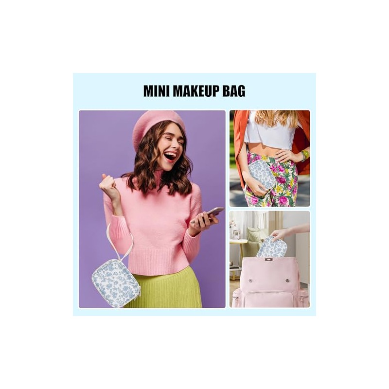 Relavel Mini Makeup Bag with Led Mirror, Small Floral Cosmetic