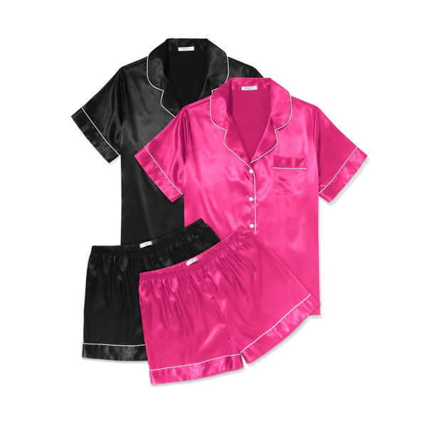 Ekouaer 2 Pack Womens Pajama Sets Silk Satin Short Sleeve