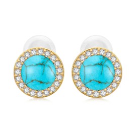 Turquoise Stud Earrings Sterling Silver Plated 14k Gold Round Genuine Gemstone Earrings Jewelry Gift for Women Wife