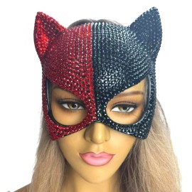 Rhinestone cat face Gato Masquerade Mask Mardi Gras Unisex - Black & Red