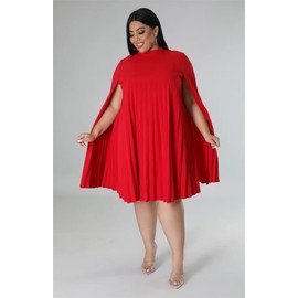 Women’s Plus Size Cloak Long Sleeve Cape Dress Knee Length Pleated Party Dress Red 4XL