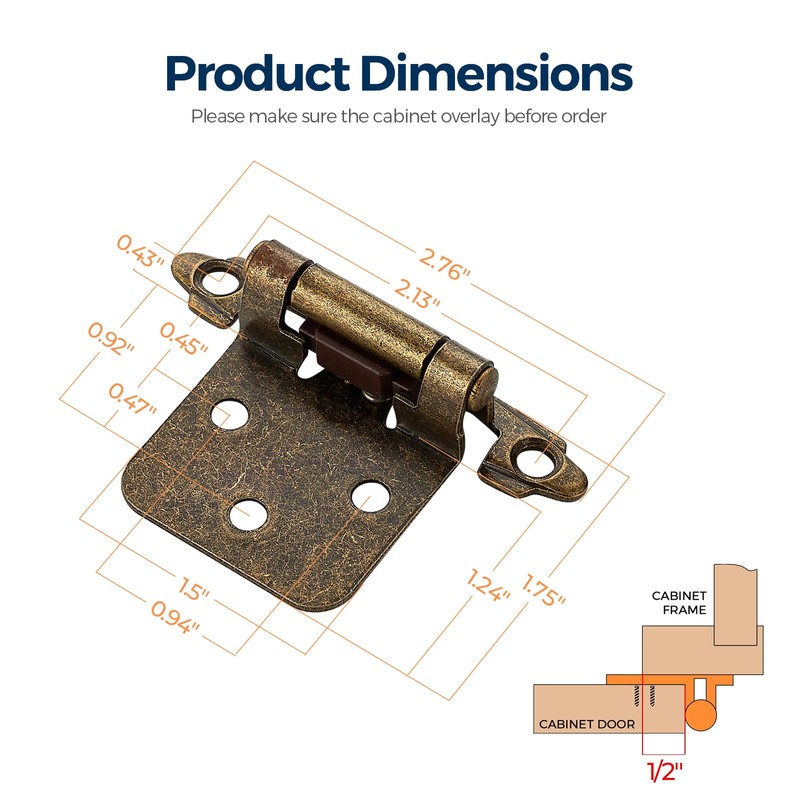 Ravinte Antique Bronze Cabinet Hinges, 1/2 Inch Overlay, 50 Pack