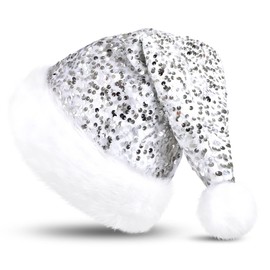 KONVINIT Silver Santa hat Christmas Hat for Adult Luxury Plush Xmas Hat with a Pompom for Men and Women,silver