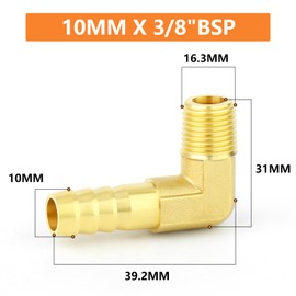 GASHER 5 Pieces Brass Hose Barb Reducer 90 Degree Elbow 3/8 Inch BSP to 10mm with 5 Hose Clam, Brass Barb Reducer Splicer Fitting Fuel/AIR/Water/Oil/Gas/WOG