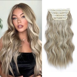 Hair Extensions Clip in Long Wavy Hair Extension 4pcs Ash Blonde Mix Platinum Blonde hair Full Head Hair Extensions Synthetic Fiber Hair Pieces for Women
