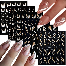 Jremg French Nail Art Stickers 3D Self-Adhesive Gold Glitter Design Waves Lines Nail Decals Gold White Glitter French Lines Nail Art Supplies for Women Girls Nail Tips DIY Manicure Decoration 6 Sheets