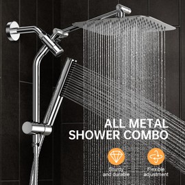 Veken Shower Head, 10'' Luxury All Metal Rain Shower Heads with Handheld Spray Combo, Hand Held Bathroom Combo with Adjustable Extension Arm, Bathroom Accessories, Dual Rainfall Showerhead Chrome