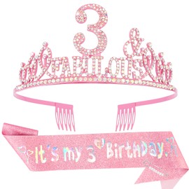 Hapdoo 3rd Birthday Decorations for Girls Set - Happy 3rd Birthday Princess Crown and Glitter Sash, 3 Year Old Girl Tiara Party Decorations Supplies Outfit Accessory Gifts