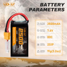 VICMILE 2S Lipo Battery 2500mAh 7.4V 80C High Discharge Rate Shorty Pack RC Batteries with XT60 Plug Fit for RC Airplane FPV Quadcopter Helicopter Drone Racing RC Hobby Model with 1TO2 Charger